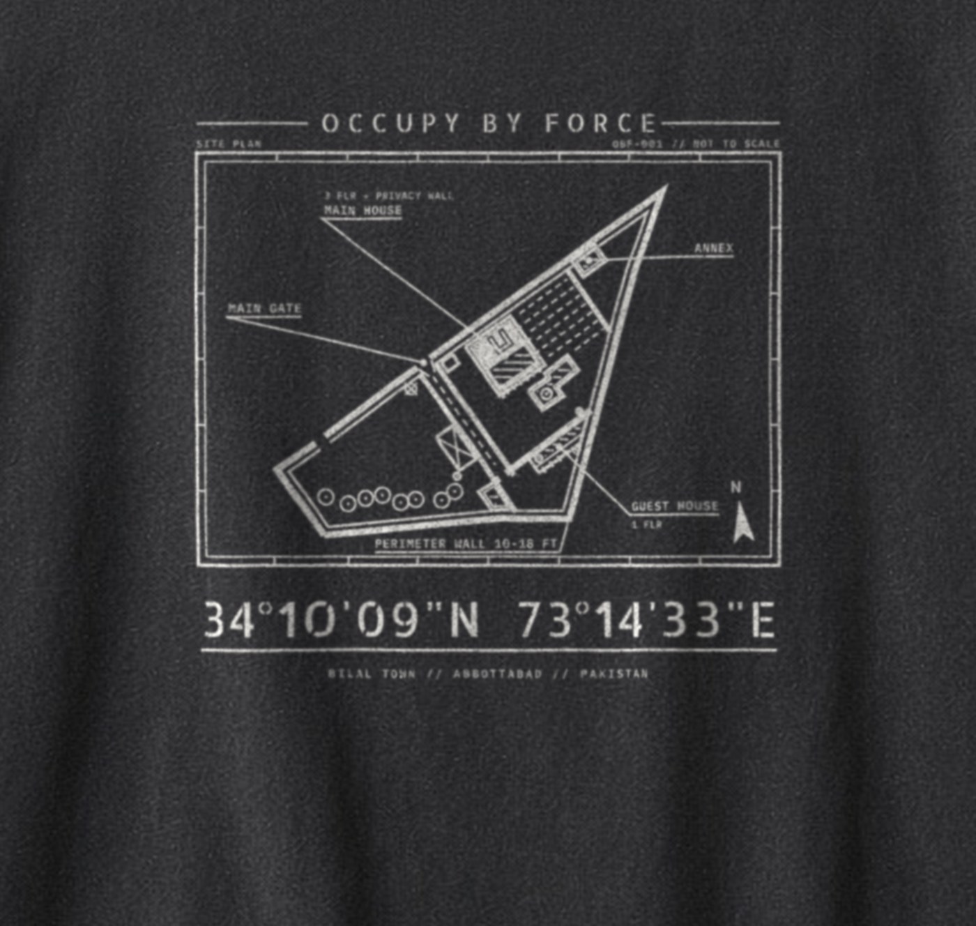 The Compound, black, back print close-up