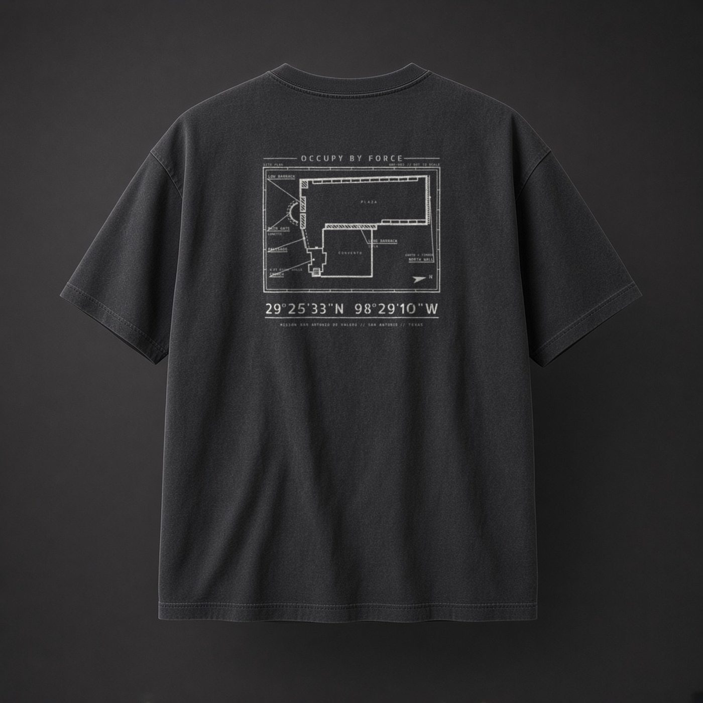 The Alamo history t-shirt in Black, back: overhead plan of the Alamo, San Antonio, 1836 and coordinates 29°25'33"N 98°29'10"W
