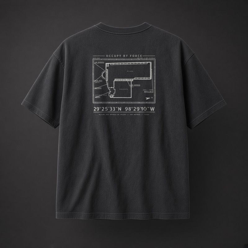 The Alamo history t-shirt in Black, back: overhead plan of the Alamo, San Antonio, 1836 and coordinates 29°25'33"N 98°29'10"W