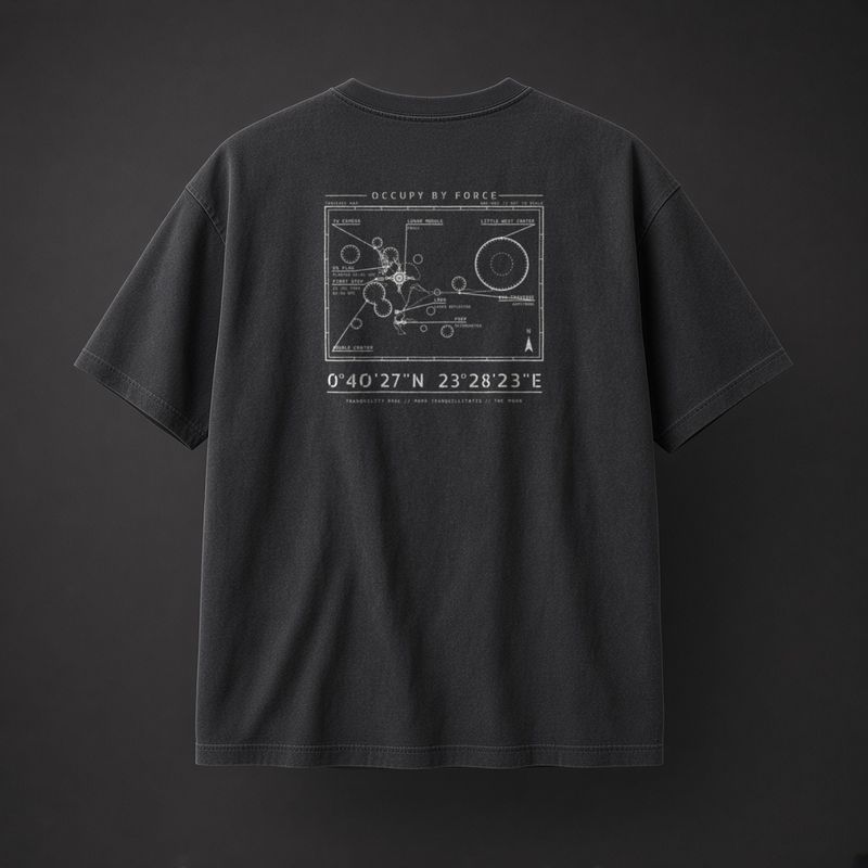 Apollo 11 history t-shirt in Black, back: overhead plan of Tranquility Base on the Moon, 1969 and coordinates 0°40'27"N 23°28'23"E