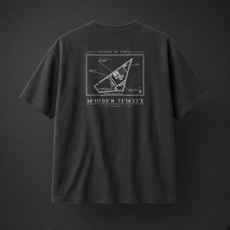 The Compound history t-shirt in Black, back: overhead plan of the Abbottabad compound, 2011 and coordinates 34°10'09"N 73°14'33"E