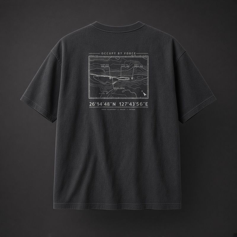 Save One More history t-shirt in Black, back: overhead plan of the Maeda Escarpment, Okinawa, Japan, 1945 and coordinates 26°14'48"N 127°43'56"E