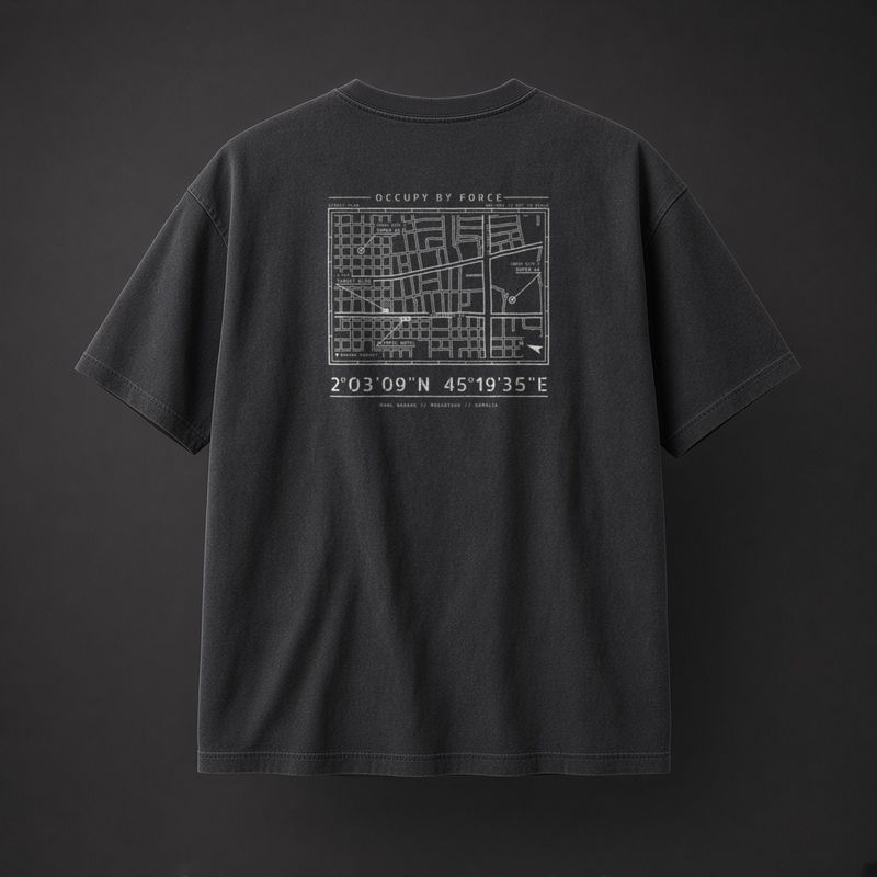 Mogadishu history t-shirt in Black, back: overhead plan of central Mogadishu, 1993 and coordinates 2°03'09"N 45°19'35"E