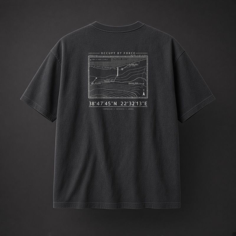 The Spartan history t-shirt in Black, back: overhead plan of the pass at Thermopylae, 480 BC and coordinates 38°47'45"N 22°32'13"E