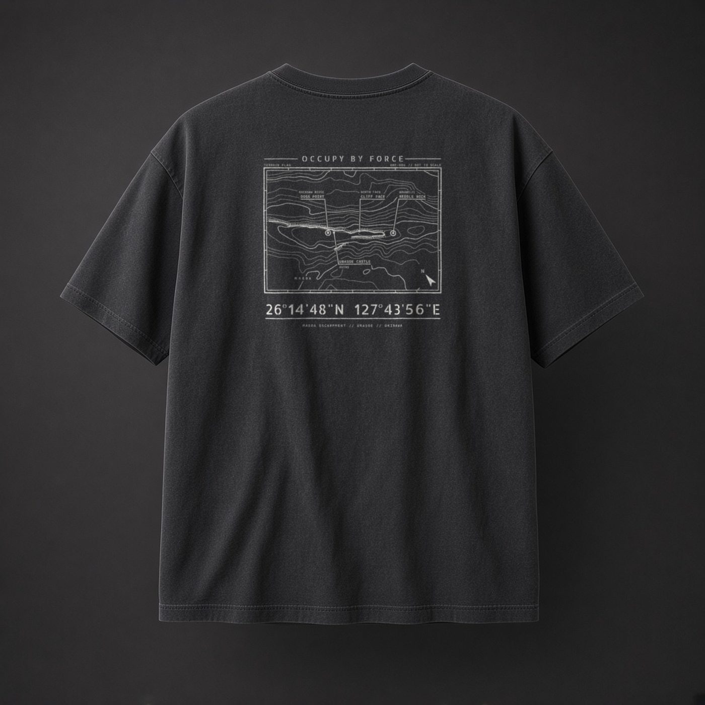 Save One More history t-shirt in Black, back: overhead plan of the Maeda Escarpment, Okinawa, Japan, 1945 and coordinates 26°14'48"N 127°43'56"E
