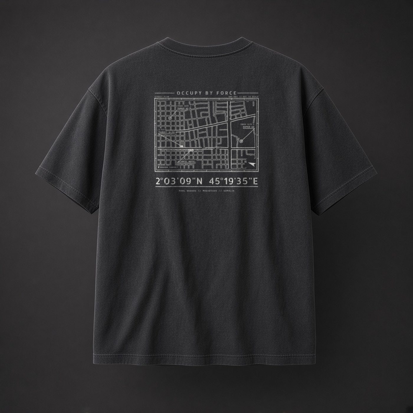 Mogadishu history t-shirt in Black, back: overhead plan of central Mogadishu, 1993 and coordinates 2°03'09"N 45°19'35"E